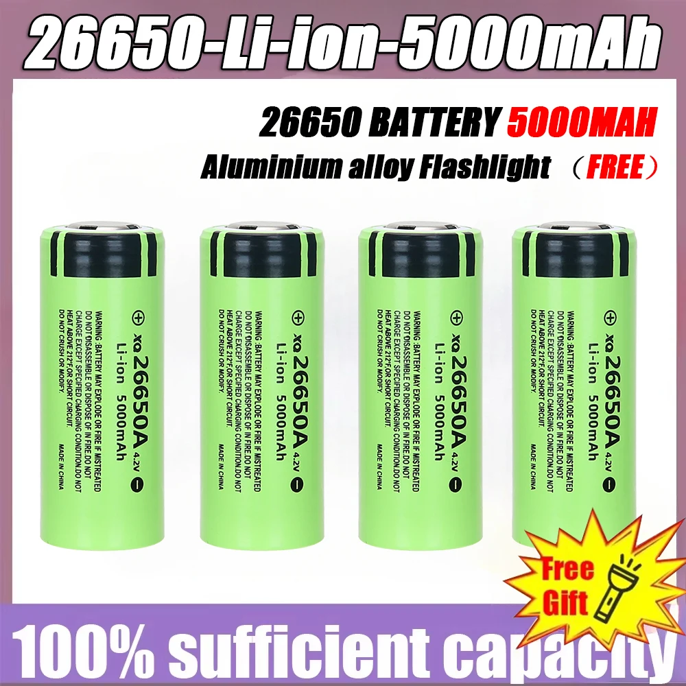 4.2V 26650 Battery 5000mAh Capacity Rechargeable Power Batteries 26650 Lithium Battery with Aluminium alloy Mini Flashlight