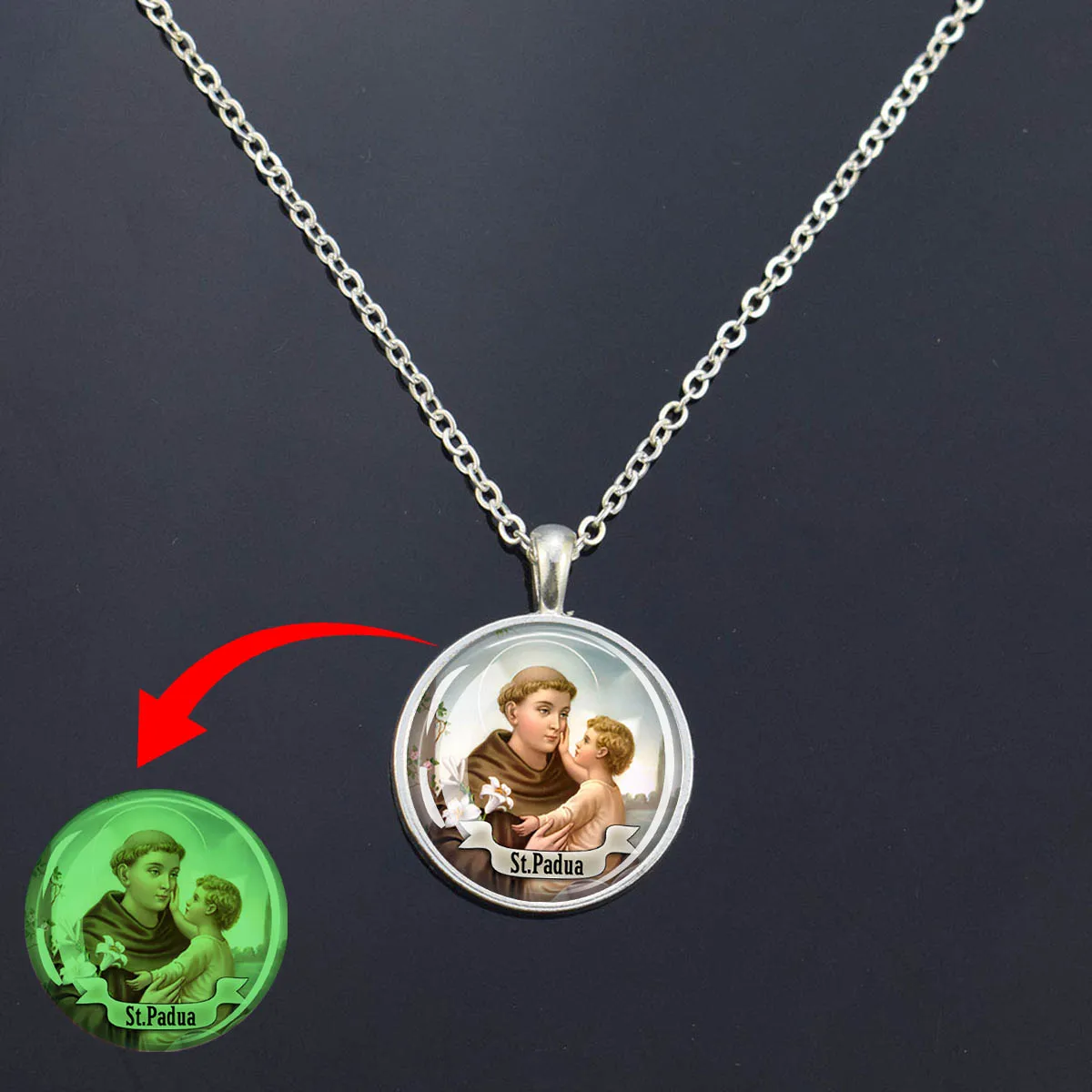 St Anthony of Padua Pendant Religious Saint Necklace Luminous Religious Jewerly Lucky Charm Grow In The Dark