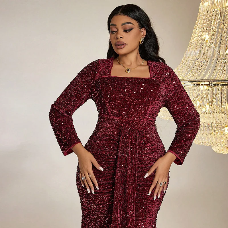 Women Luxury Party Dresses Plus Size Long Sleeve Square Neck Sequins Red Elegant Dress Temperament Fashion Lady Evening Dresses