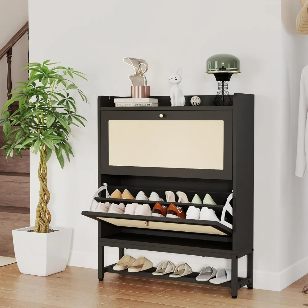 

Entryway Shoe Storage Cabinet with 2 Flip Drawers, Modern Freestanding Shoes Organizer Holds 16-20 Pairs, Closed Shoe Stora