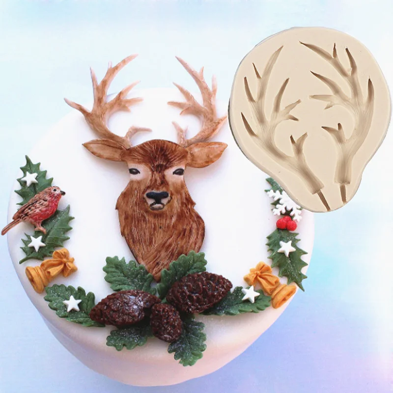 Deer Horns Silicone Mold Kitchen Resin Cake Baking Tool DIY Chocolate Pastry Fondant Moulds Dessert Lace Decoration Supplies