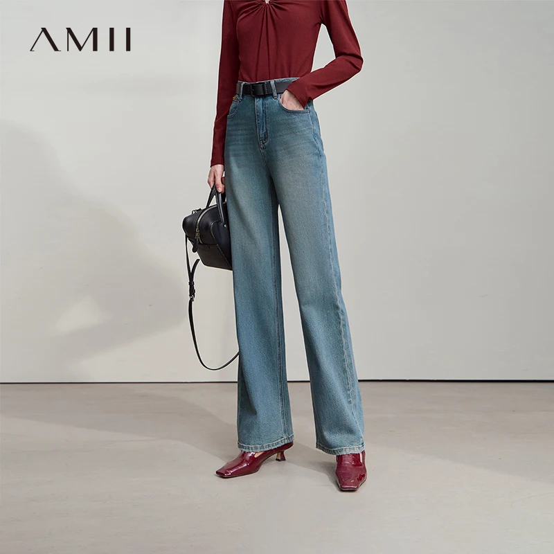 AMII Minimalist Blue Denim Pants For Women 2025 Autumn Fashion Lyocell Cotton High Waist Casual Jeans Women's Clothing 12523068
