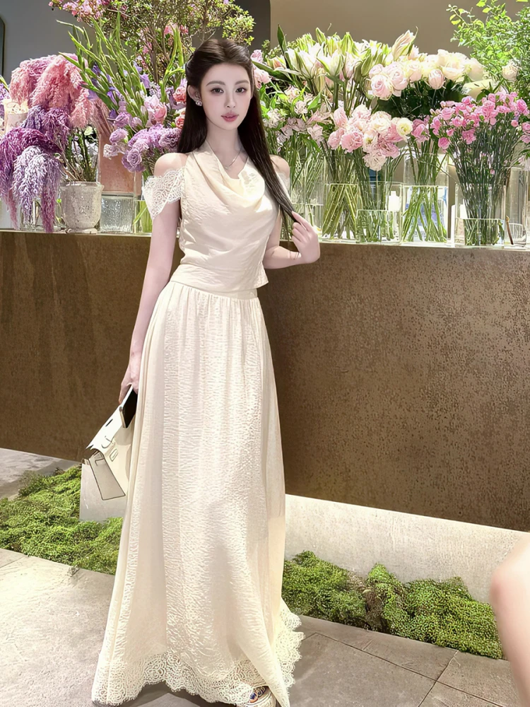 

Summer 2026 Women's Lace Splice Sleeveless Neck Hanging Half Skirt Set Fashionable Elegant Style Polyester Fabric