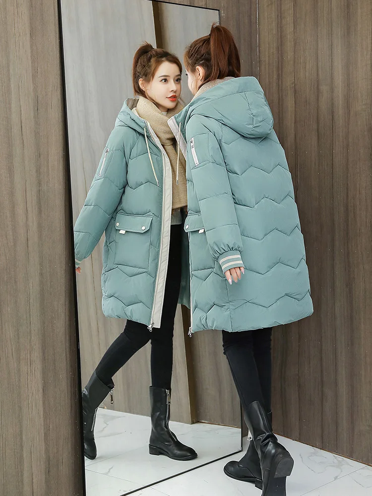 Jaqueta Feminina Solta de Algodão com Capuz e Zíper, Comprimento Médio, Estilo Coreano, Ideal para o Inverno e o Dia a Dia, T...