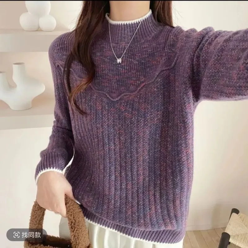 Women Autumn Winter Half Turtleneck Heather Yarn Knit Sweater Thick Long Sleeve Versatile Inner Outer Pullover Tops