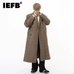 IEFB Korean Style Men's Woolen Overcoats Solid Color Plaid Striped Double Breasted Overknee Casual Male Windbreakers Tide 9C8299