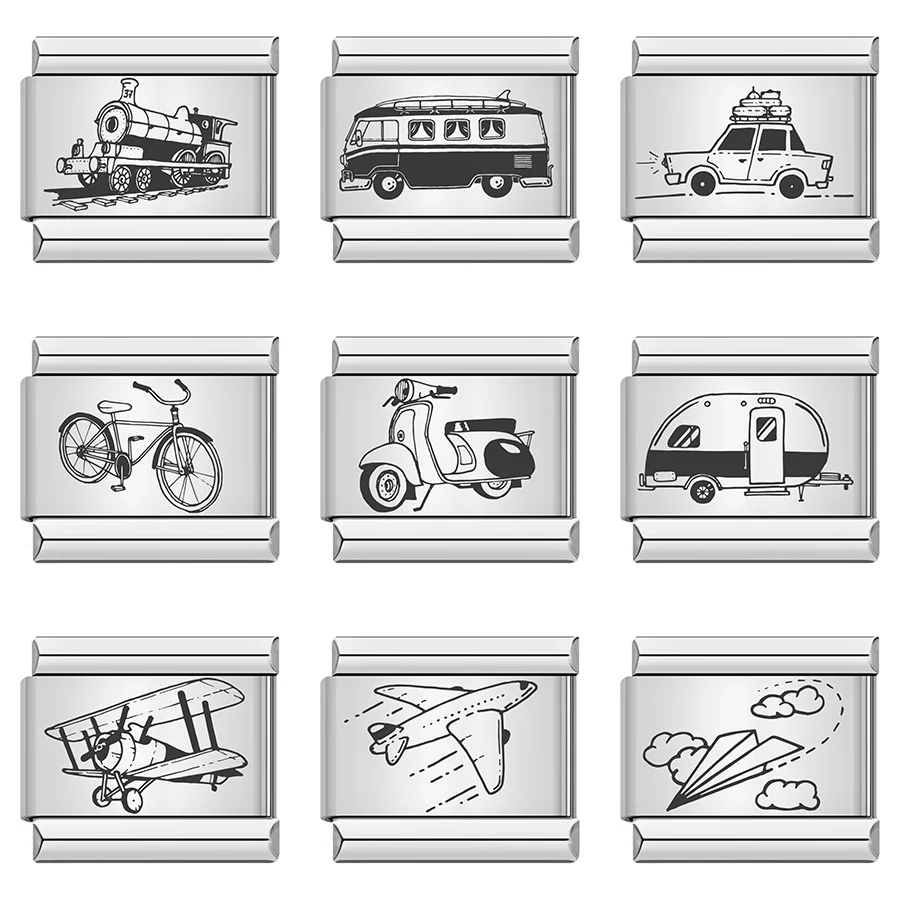 New Fashion Travel Bicycle Car Aircraft Train Charm Links Fit 9mm Bracelet Stainless Steel Jewelry DIY Making Bangle
