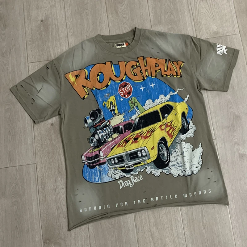 26SS New Rough Play Short Sleeved T-shirts American Style Retro Vintage Fashion Print Loose Men Women Tops Tees
