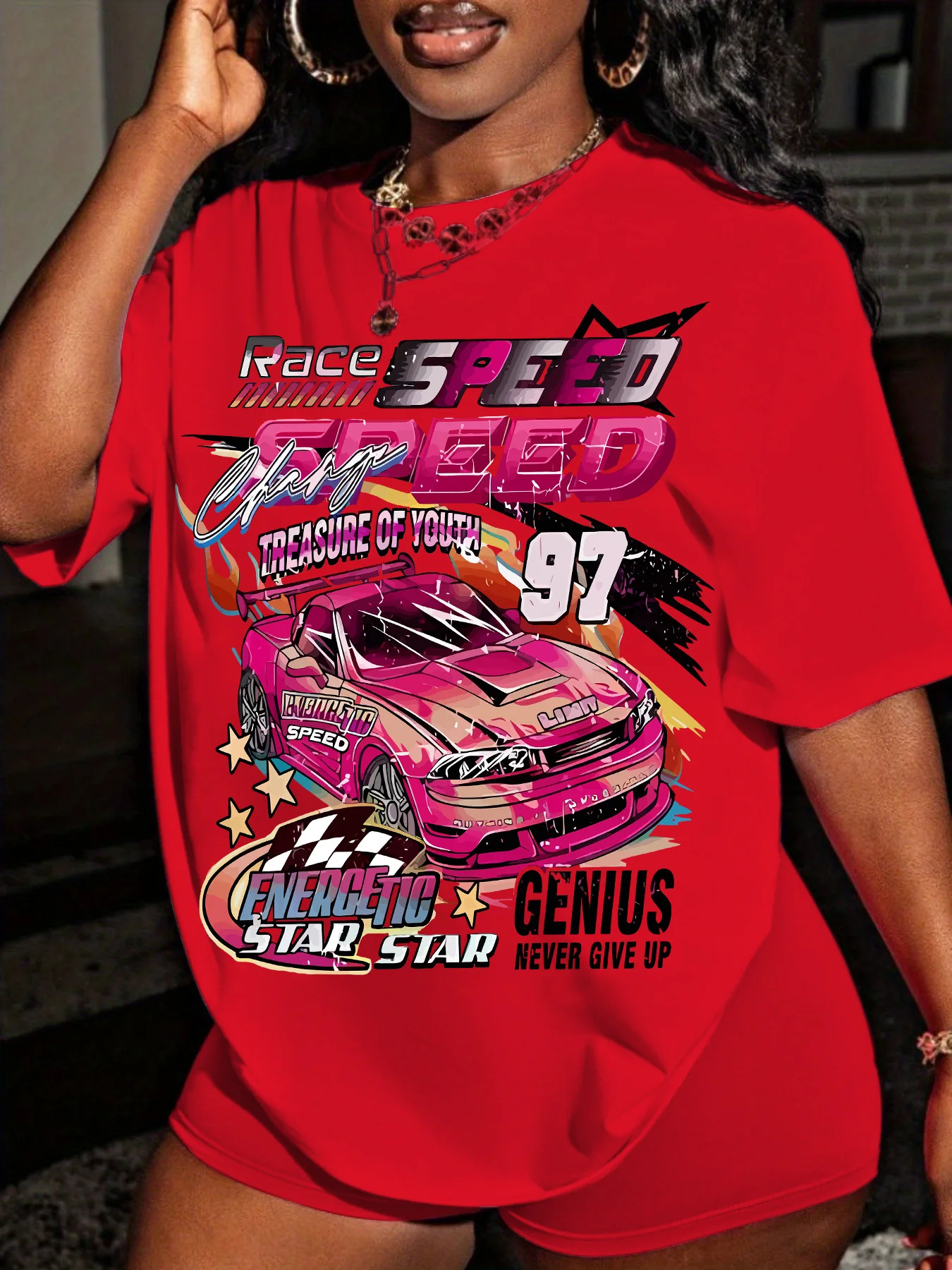 Summer Y2K Retro Racing Design With Letter Print Women's Short-Sleeved Loose T-Shirt,Suitable For Daily Casual Street Wear