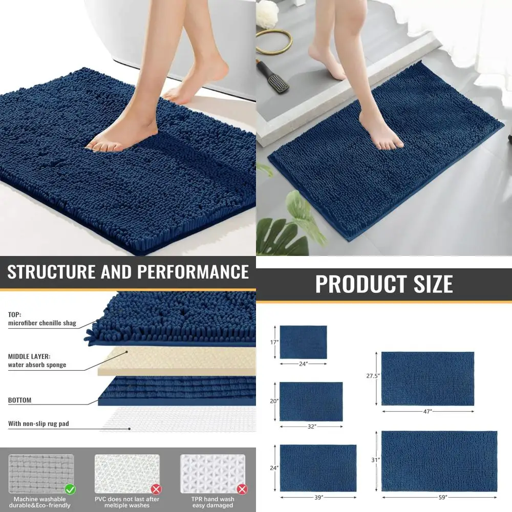 

Коврик для ванной из синели, 20 x 32 дюйма, синий, нескользящий, можно стирать в машине, современный, водостойкий