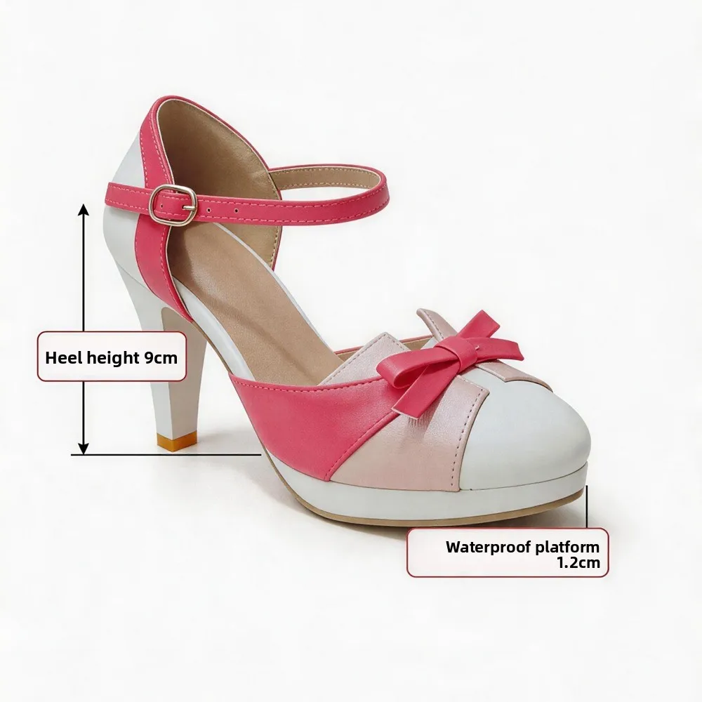 Sweet Color Block Mary Jane Heels Women Lolita Platform Shoes Plus Size 34-48 Pink Blue White Yellow R30-5
