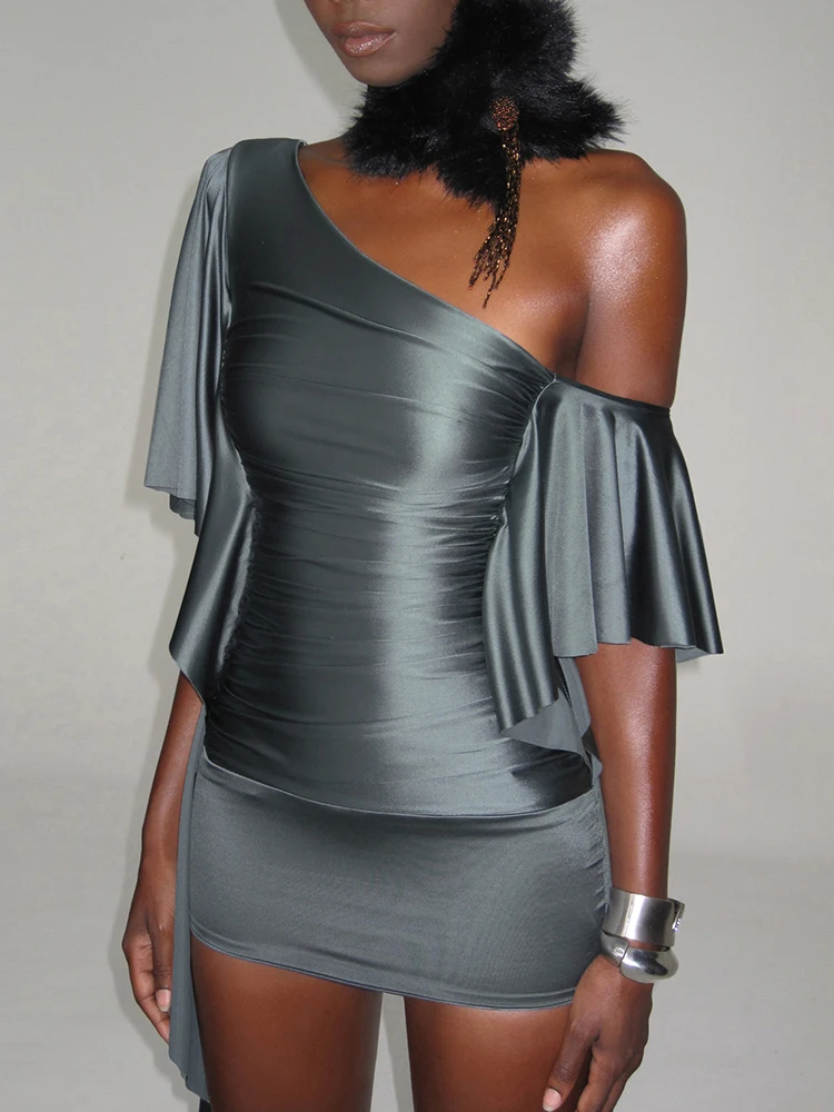 Nibber Off-Shoulder Mini-Kleid für Damen, sexy, modisch, schräger Kragen, ausgestellte Ärmel, eng anliegend, pfirsichfarben, Hüftbetonung, für Mitternachts-Club-Partys, elegant, figurbetont – Detail 1