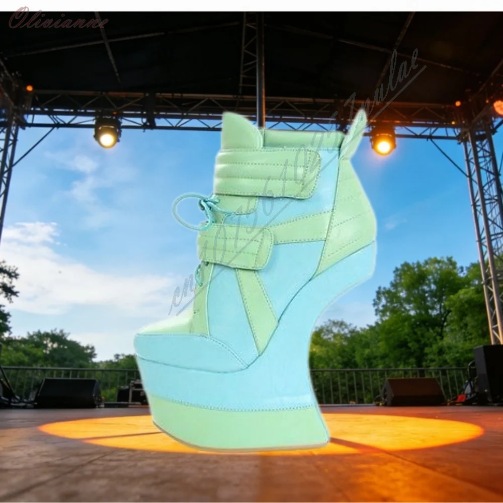 Y2K Damen Musikfestival Club Grüne Farbblock-Plateau-Stiefel Ohne Absatz Keilabsatz Schnür-Cosplay-Knöchelschuhe Streetwear 2026 Schuhe