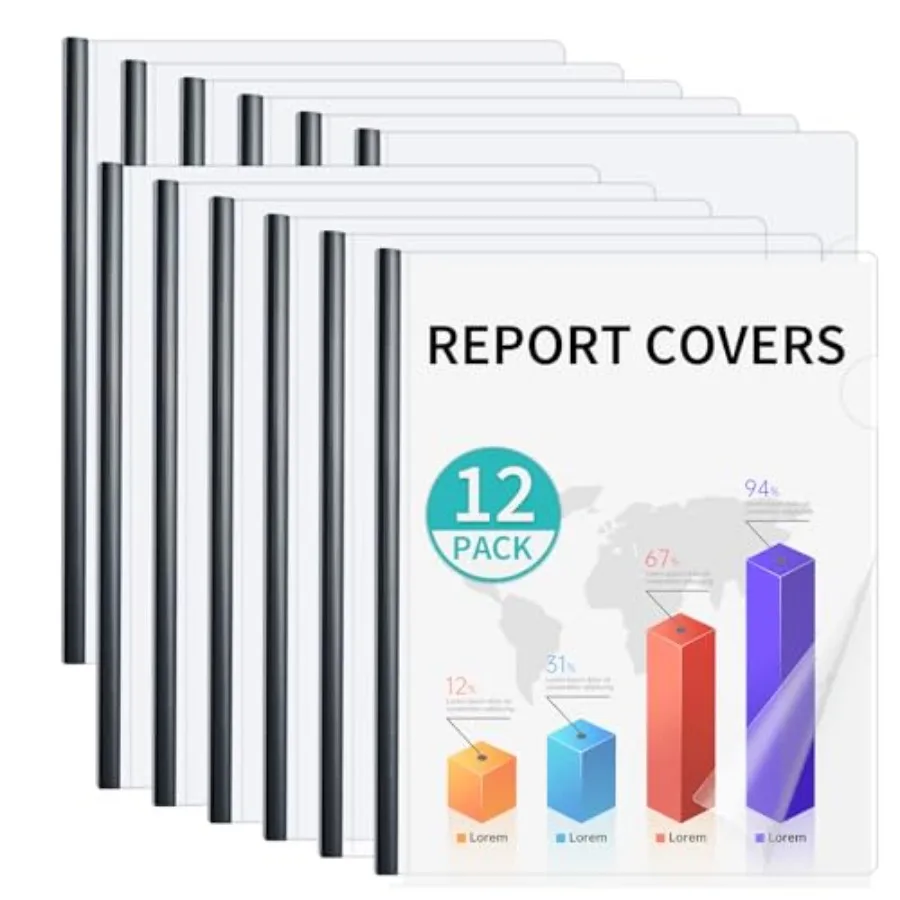 

12 Pack Clear Report Covers with Black Sliding Bars, 70 Sheet Capacity, 9mm Binding Bars, Letter Size, 5.5 Mil Thick, Black, fo