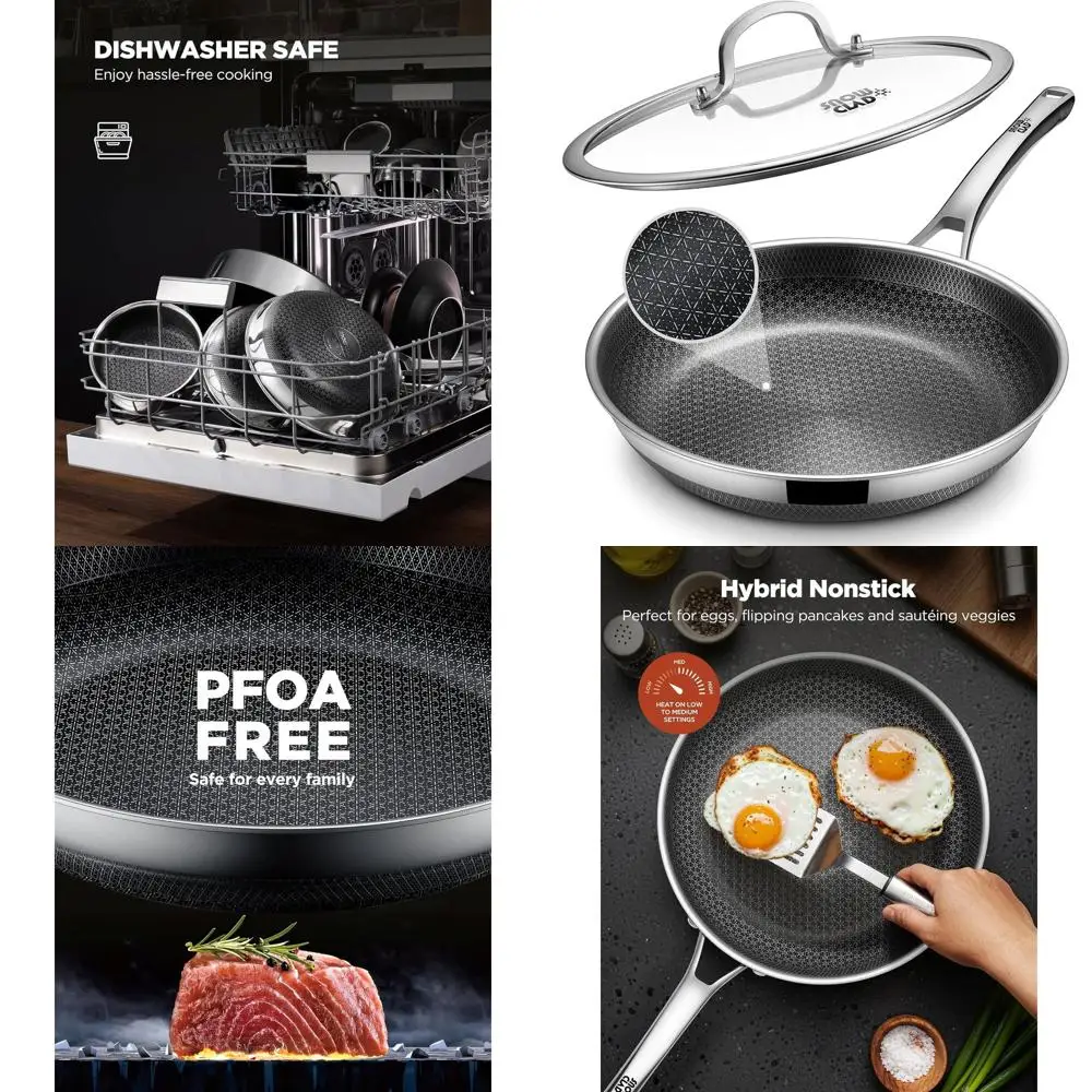 

12-inch Hybrid Nonstick Frying Pan with Lid, Stainless Steel, Dishwasher and Oven Safe, Induction Ready, PFOA-Free Cookware