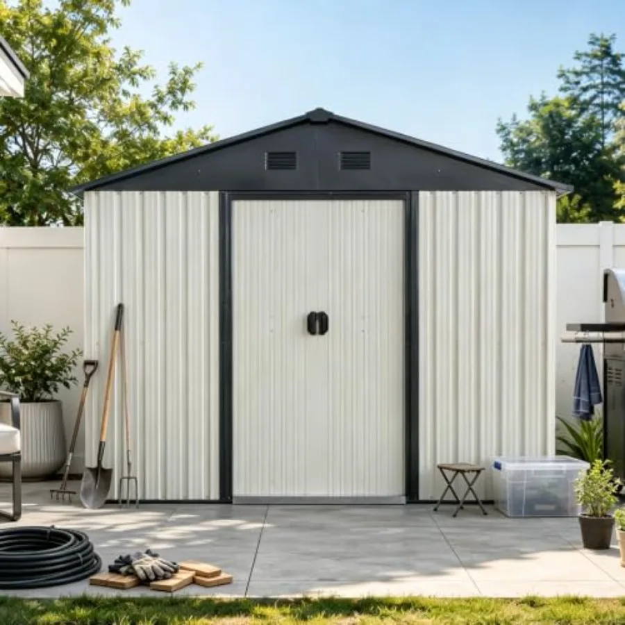 8 x 4 Feet Outdoor Metal Storage Shed with Sliding Door and Metal Foundation Waterproof Shed Outdoor Storage for Backyard, Gard