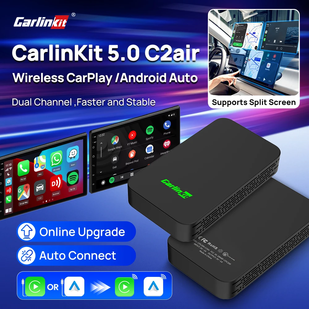 Adaptateur sans fil CarlinKit 5.0 C2Air 2-en-1 CarPlay Android Auto pour voitures avec CarPlay filaire et Android Auto, mise à niveau en ligne, Plug & Play