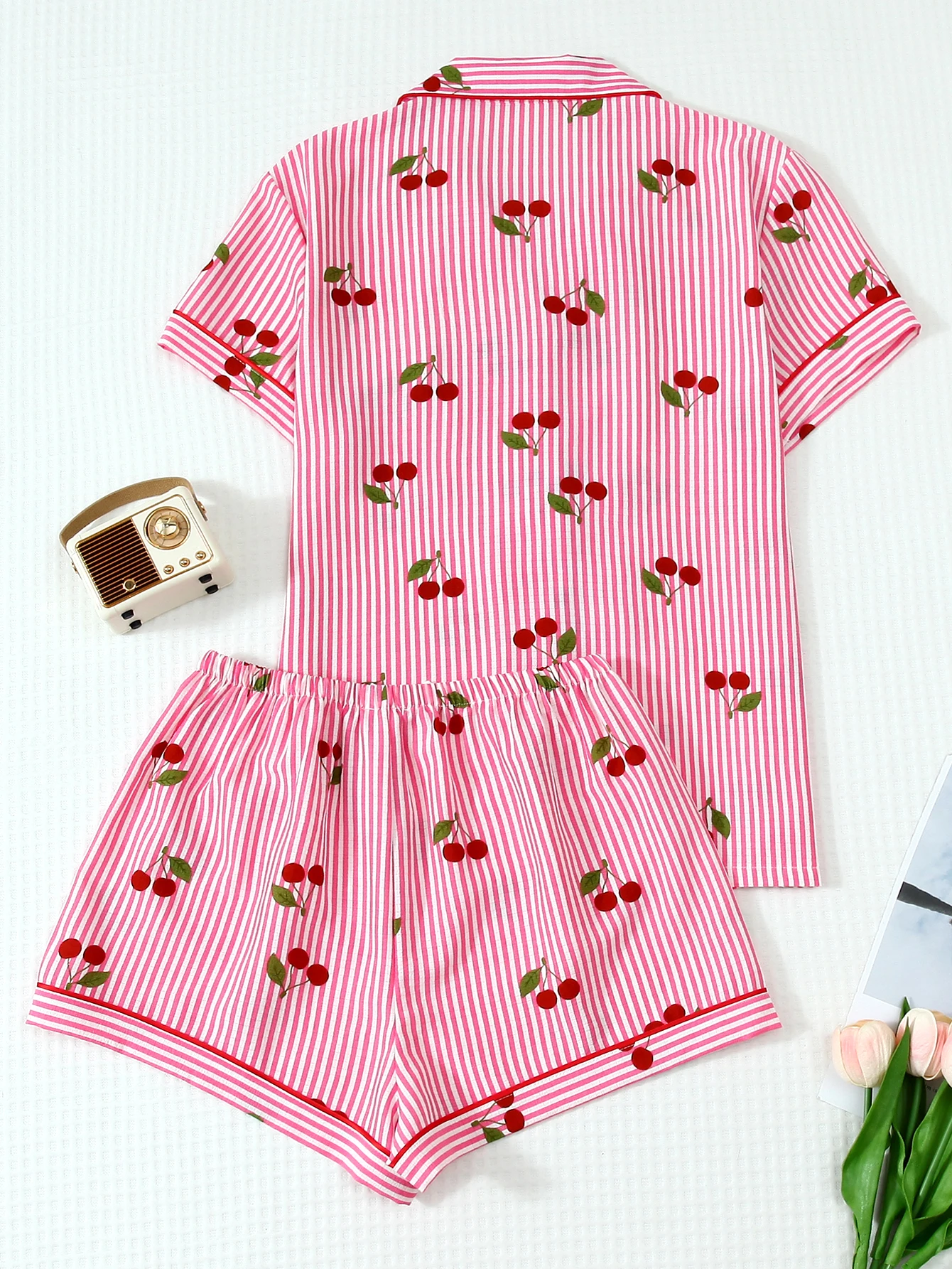 Two-Piece Comfortable Pink and White Striped Red Cherry Print Lapel Button Short-Sleeve Top with Pockets and Bow Shorts Spring/Summer Women's Pajama Loungewear Set Suitable for Home Use