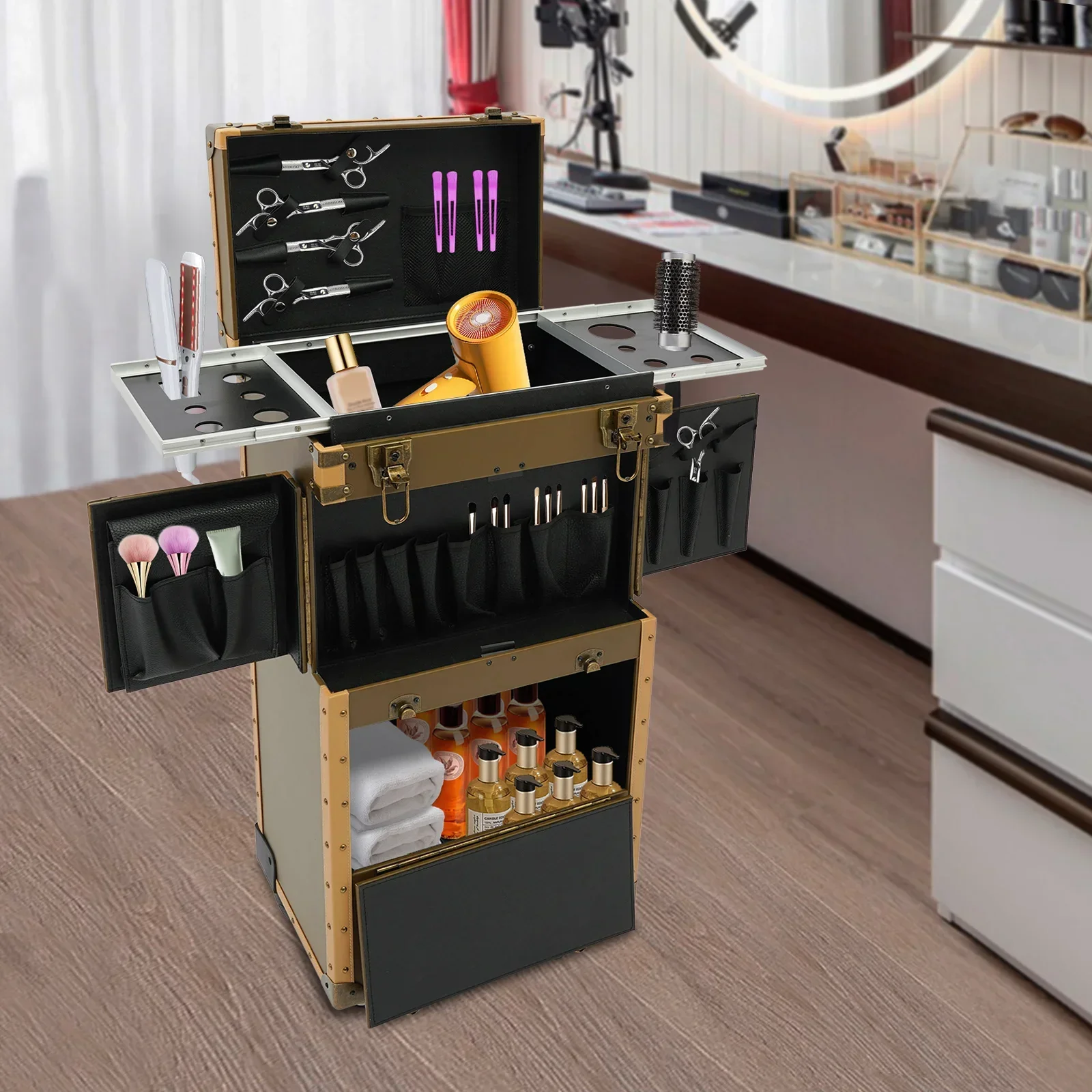 

Durable Gold Punk Hairdressing Case – Mobile Password Locks for Secure Salon Tool Organization