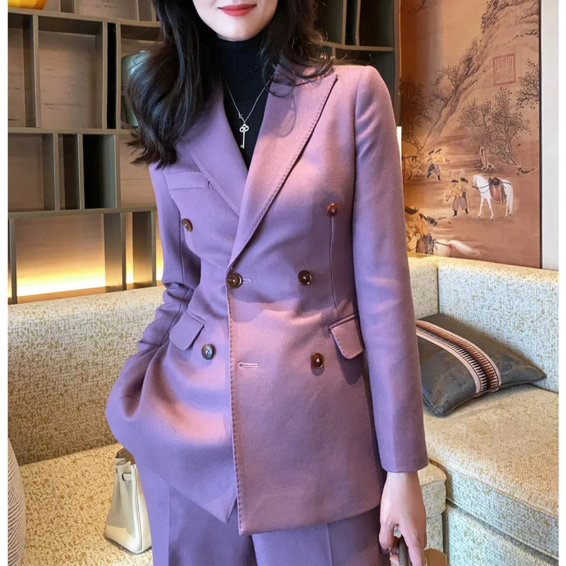 Ensemble tailleur pantalon violet Allingentle pour femme, 2 pièces, blazer croisé et pantalon, coupe ajustée, personnalisable