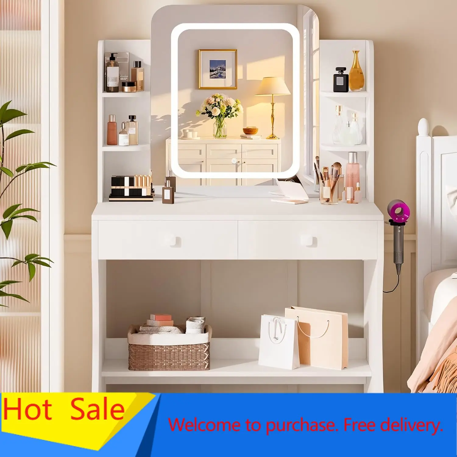 

Hot Sale Small Makeup Vanity Desk With Smart LED Mirror & Power Outlet, 29.5" White Vanity Table With Hairdryer Rack,