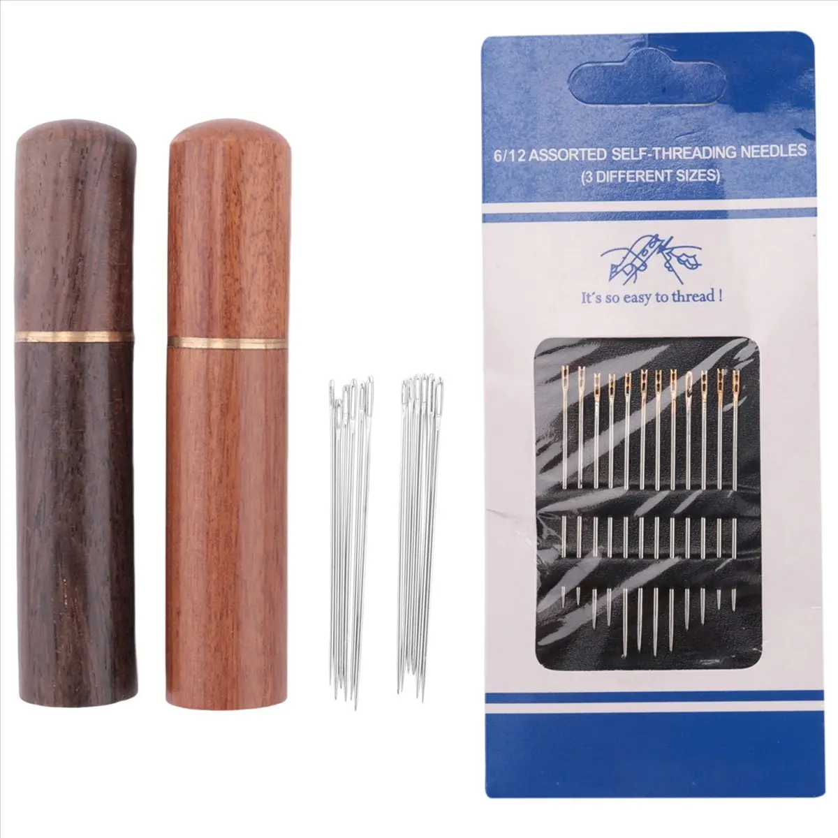 【Limited Offer】2Pcs Wooden Needle Case with 12 Gold Tail Back Hanging Needles and 4 Large-Eye Leather Stitching Needles for Hand