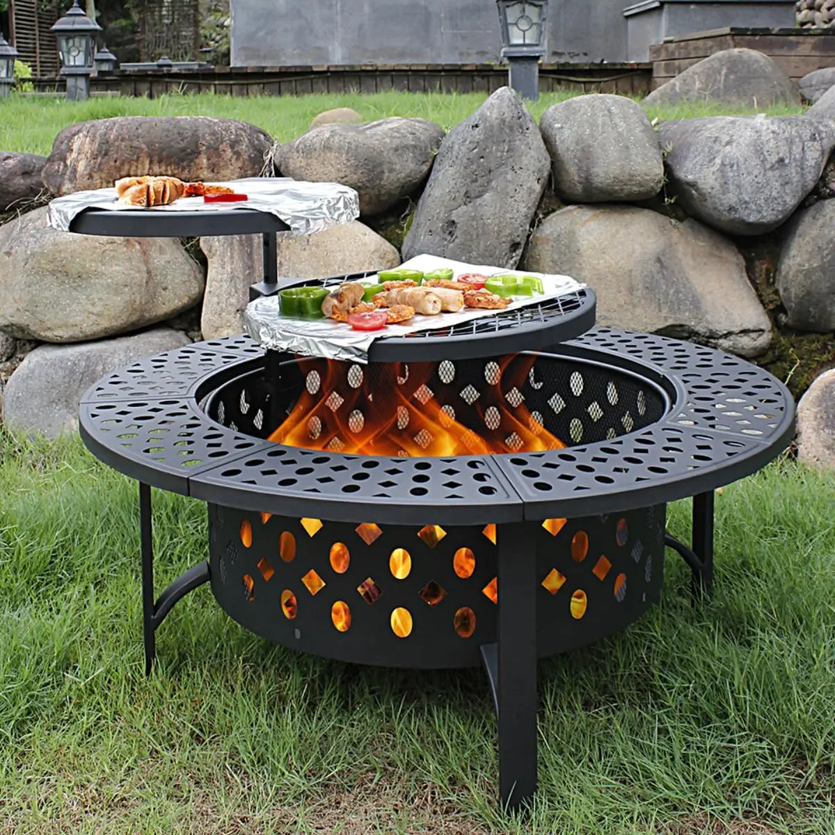 Foyer de 42 pulgadas con tapa de 2 parrillas y póker, fogero resistente, barbacoa, fogero al aire libre y mesa redonda de metal 3 en 1 para patio