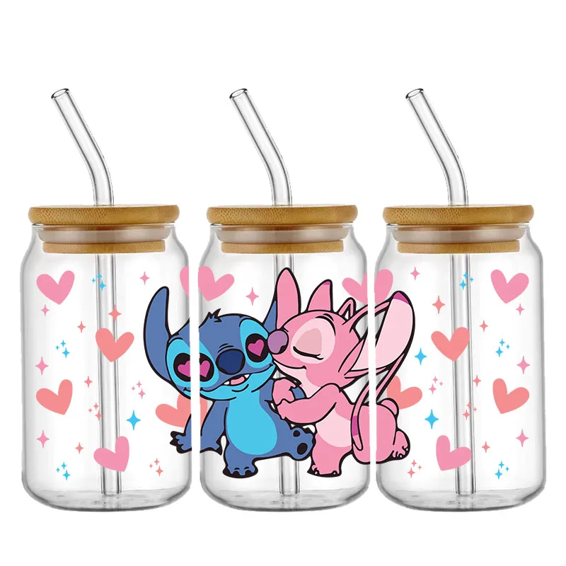 Boîte de café en verre UV DTF, thème Disney Stitch, Léon's Day, étiez bey, rond, 16oz