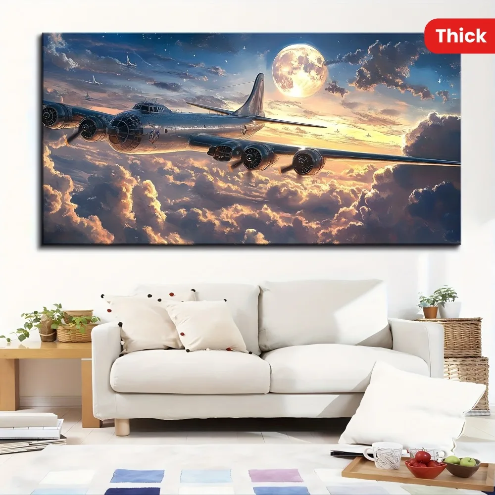 1.5 inch thick pine solid wood frame, World War II aircraft photo poster, printed modern canvas painting, living room home decor