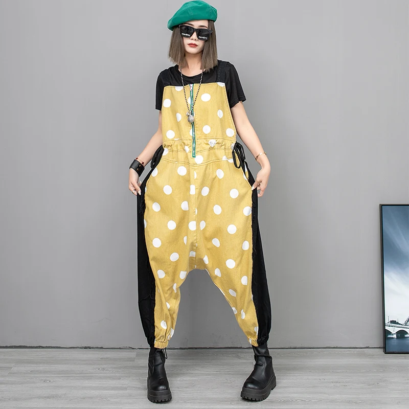 

Dot Printing Denim Overalls Women Spring New Splice Punk Style High Waist Crotch Pants Streetwear Loose Straps Rompers Pants