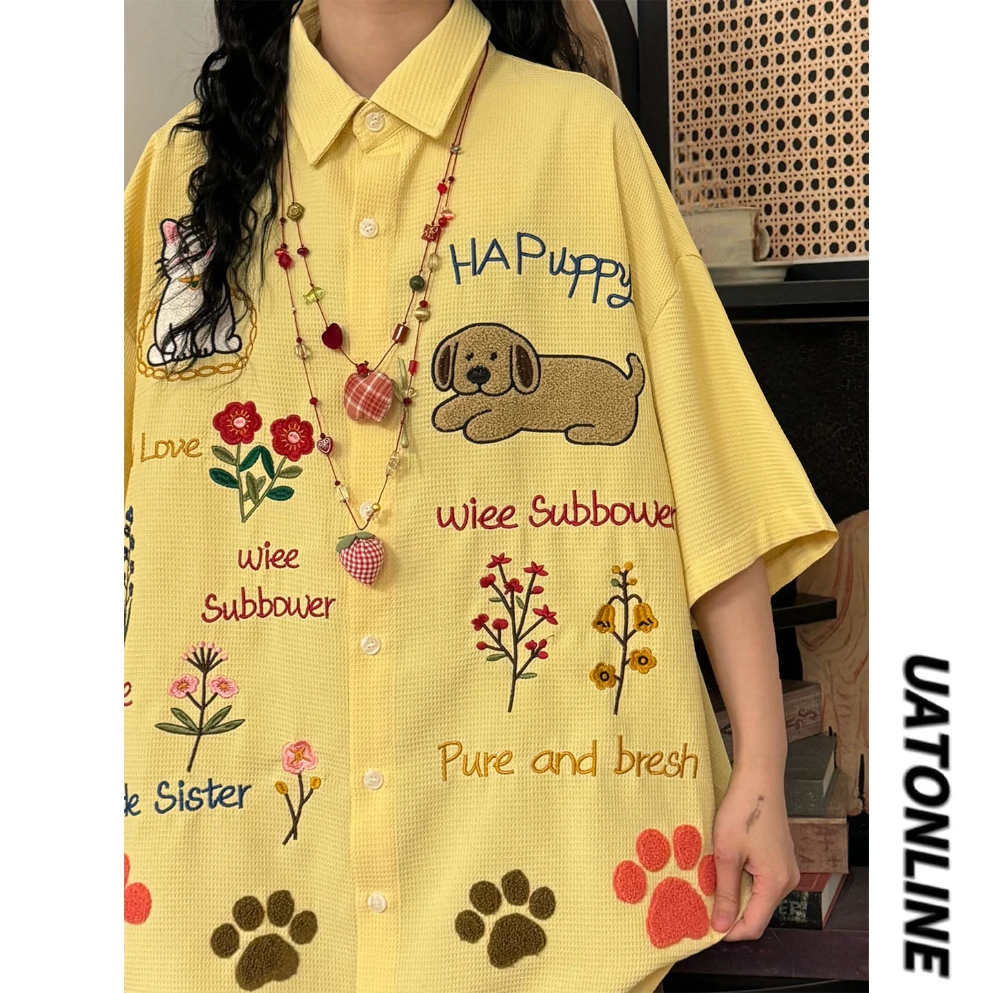 

UATONLINE2026 Summer Street Style Loose Fit Women's Shirt Short Sleeve Embroidered Dog Floral Print Breathable Casual Top