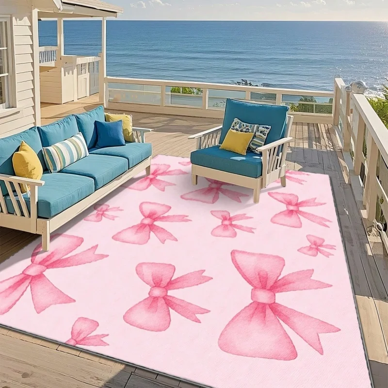 Newest Cherry and Pink Bow Large Area Rug, Black Background Sweet Pattern Floor Carpet for Girls Bedroom Nursery