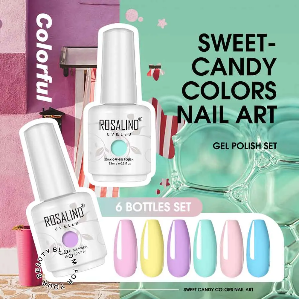 ROSALIND Set di Gel da 15ML 2/6 pezzi Set di smalti per unghie colori Semi permanenti Soak Off Gel UV Base Top Coat decorazione per unghie