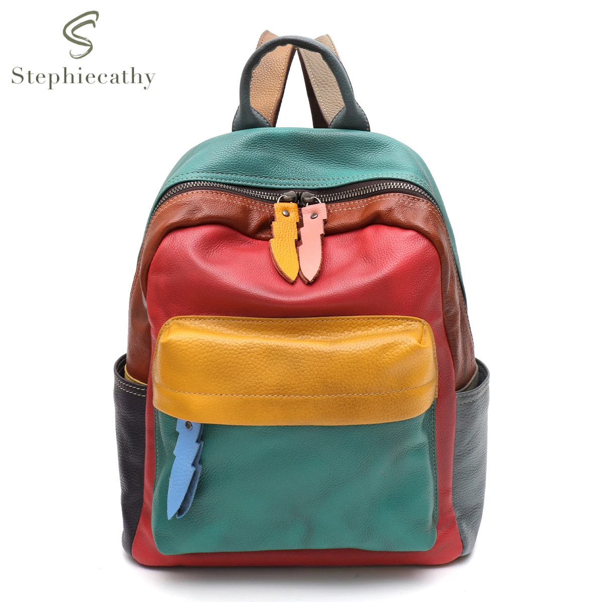 SC Retro Colorful Real Leather Backpack Women Large Capacity Multi Pockets Sprayed Color Casual Daily Knapsack School Travel Bag