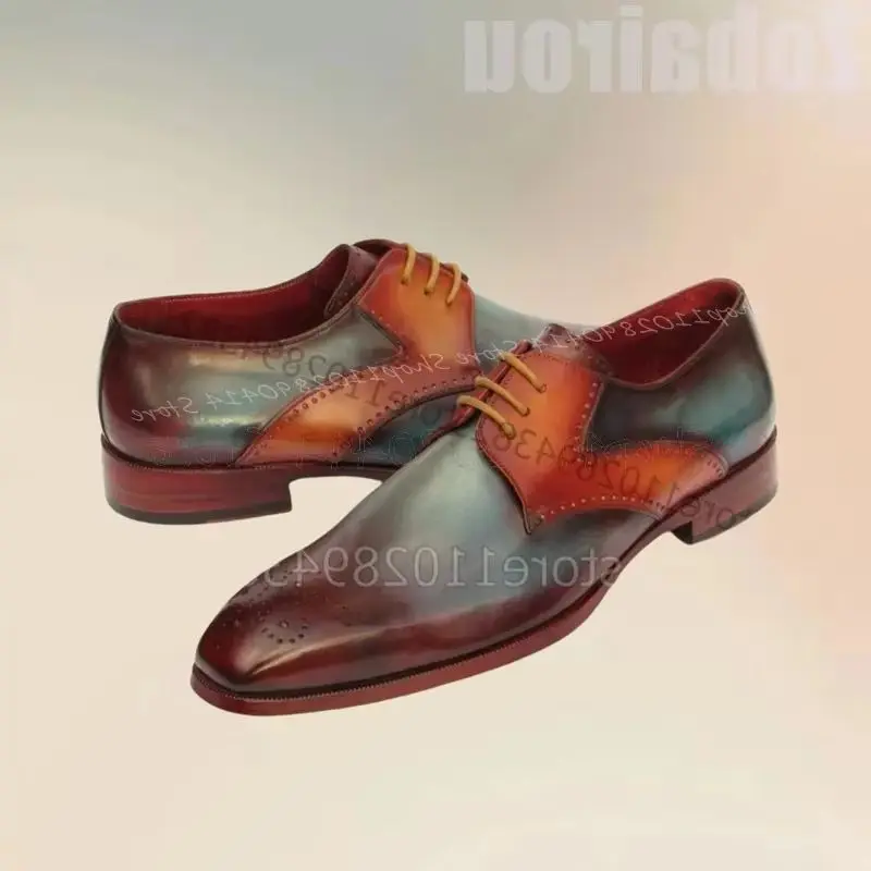 

Mixed Gradient Color Carving Design Men Derby Shoes Fashion Lace Up Men Shoes Luxury Handmade Square Toe Party Men Dress Shoes