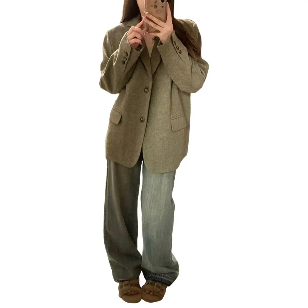 

Women's Korean Style Woolen Suit Jacket Spring Autumn Design Elegant Short Loose Fit Upperwear for Ladies