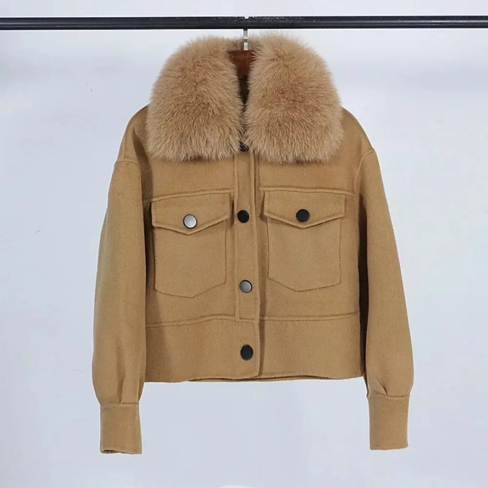 Wool Women Fur Coat New Autumn Winter Real Fox Fur Collar 10% Cashmere 90% Wool Fur Jacket Short Casual Loose Wool Coat