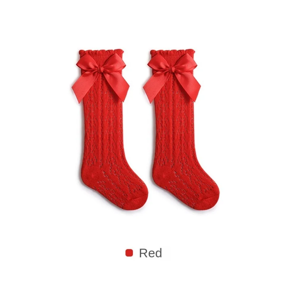 New Cotton Knee High Socks Mesh Breathable Hollow Out Socken Elastic Bow Long Sock for 0-3 Years Old