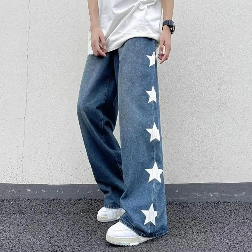 

Men Jeans Men's Wide Leg Star Print Jeans with Retro Streetwear Style Button Zipper Closure Solid Color Long Pants with for A