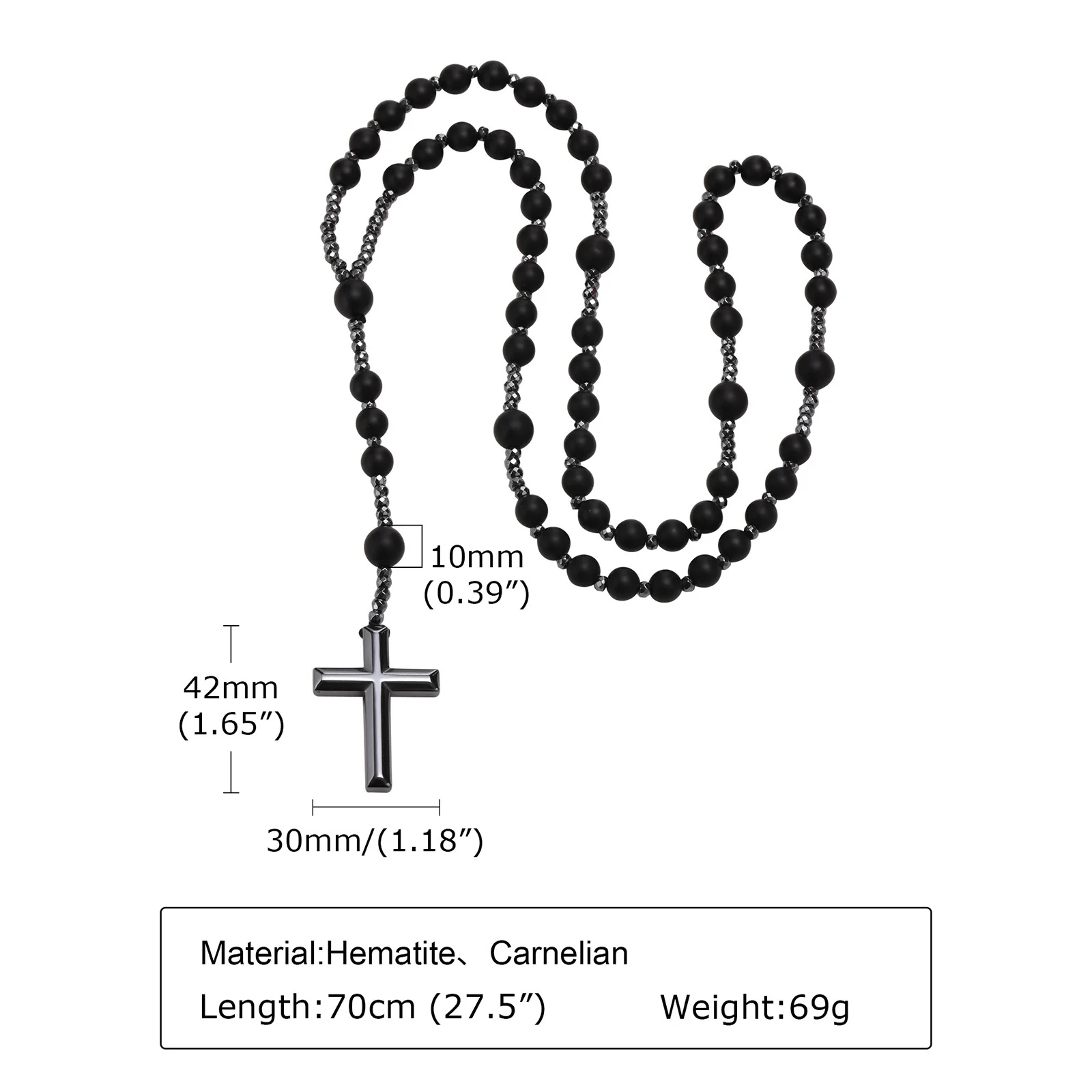 Schwarze Perlen Kreuz Rosenkranz Halsketten für Männer, männliche Power Balance Hämatit Kette Halskette, religiöser Glaube Gebetsschmuck – Detail 5