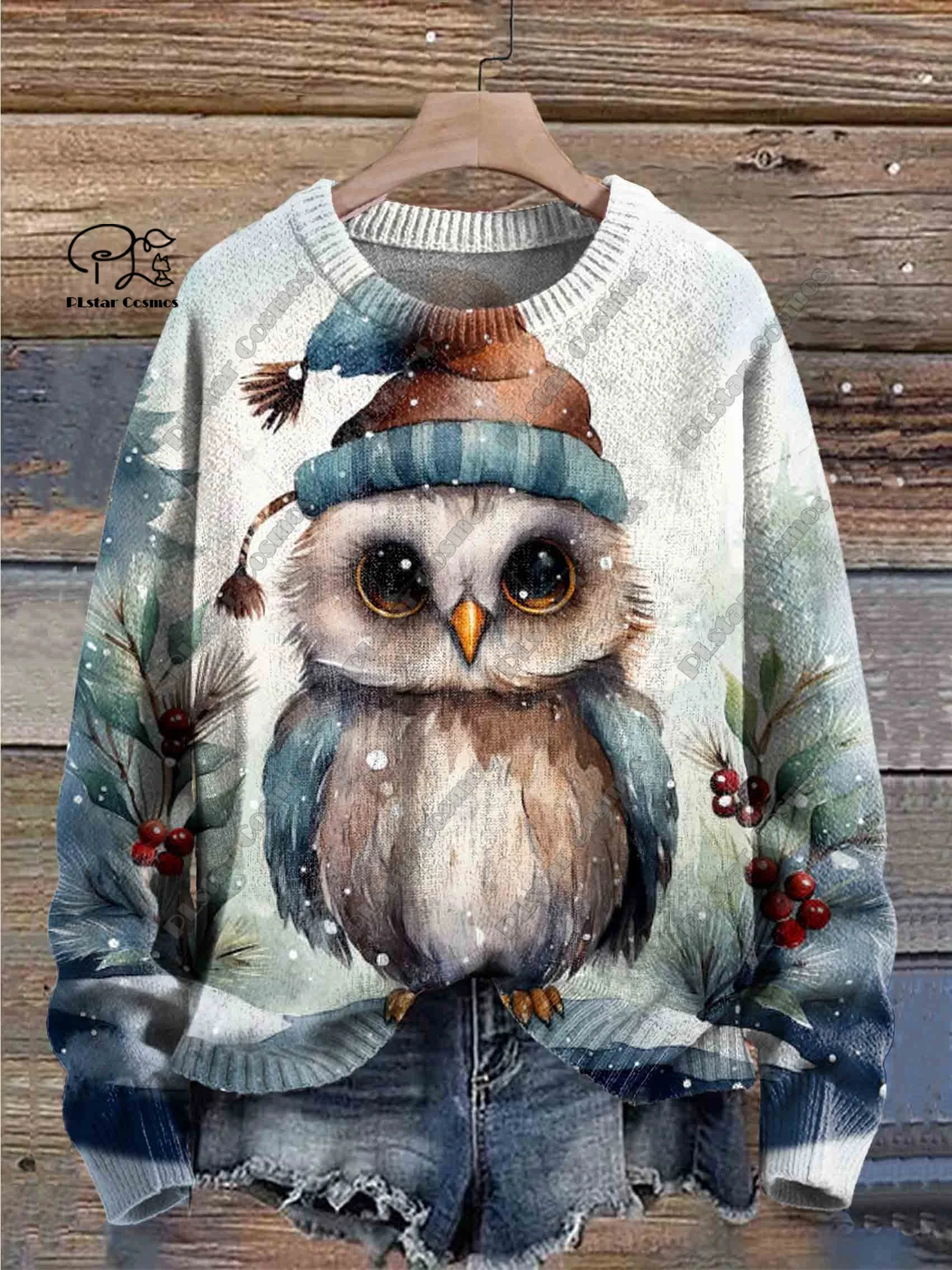 PLstar Cosmos new 3D printed animal series cute owl and rabbit pattern brutto maglione winter street casual unisex