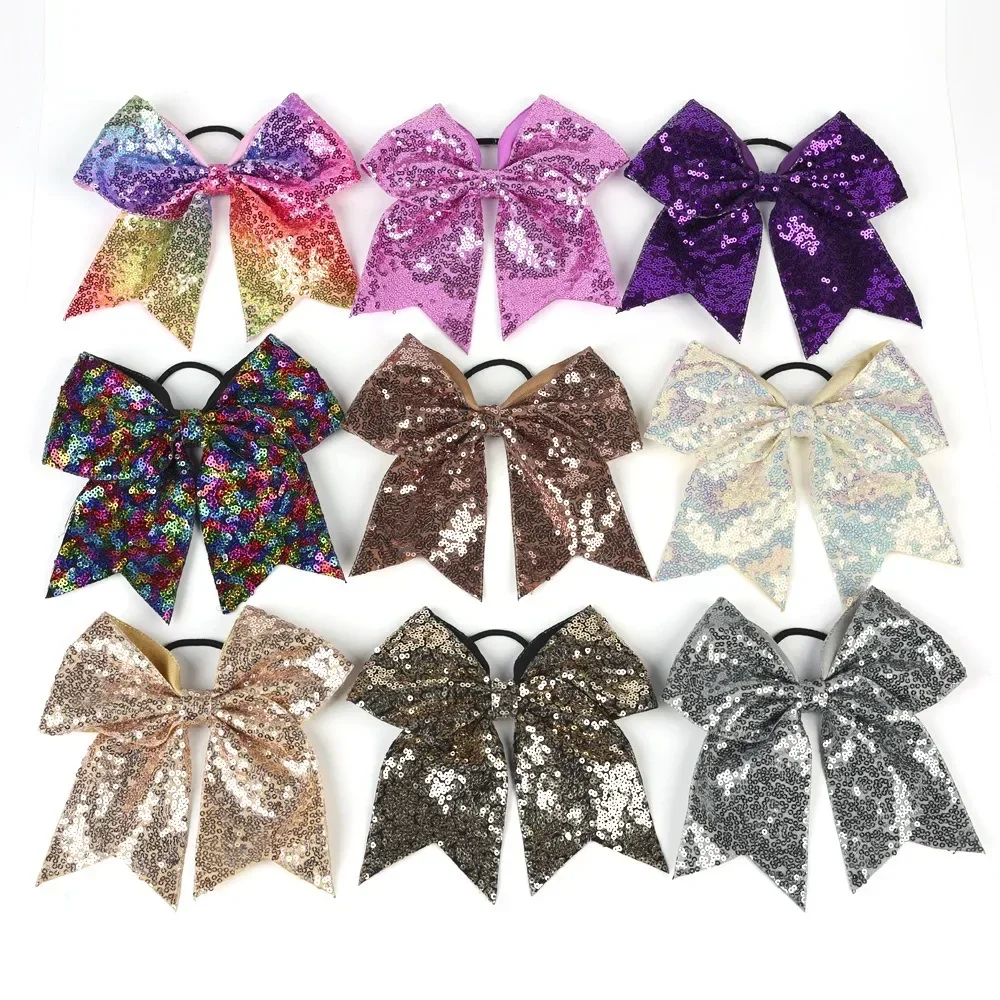 Bling Sparkly Glitter Sequins Pigtail Bows for Kid Girls Large Cheerleading Bows Ponytail Holder Elastic Hair Ties