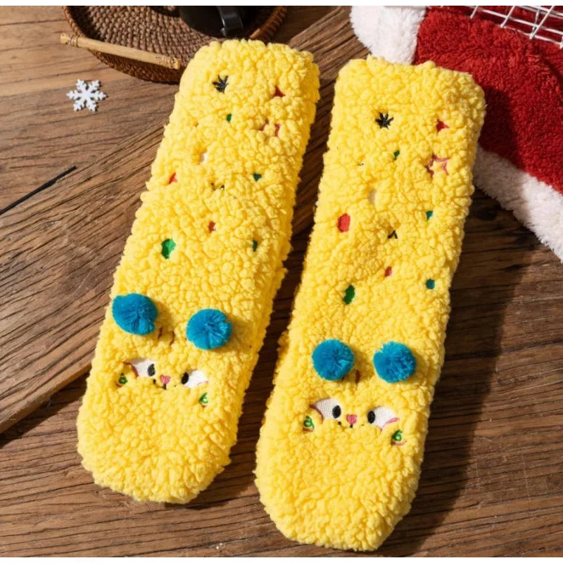 Winter Women's Lambskin Socks  Super Thick Warm Floor Socks Thick Non-slip Floor  Cartoon Embroidery Women's Sleeping Socks