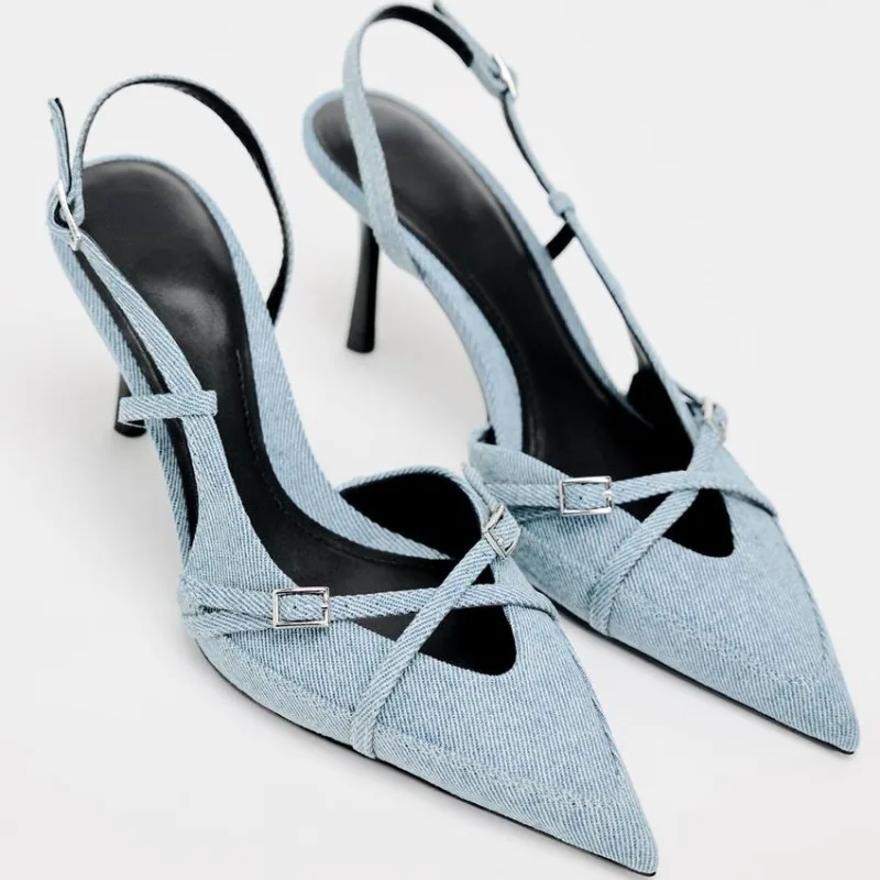 

8cm Heeled Sandals Women Summer 2024 New Trend Famous Brands Denim Pointed Fine Heel Buckle Strap Elegant Chic Designer Sandals