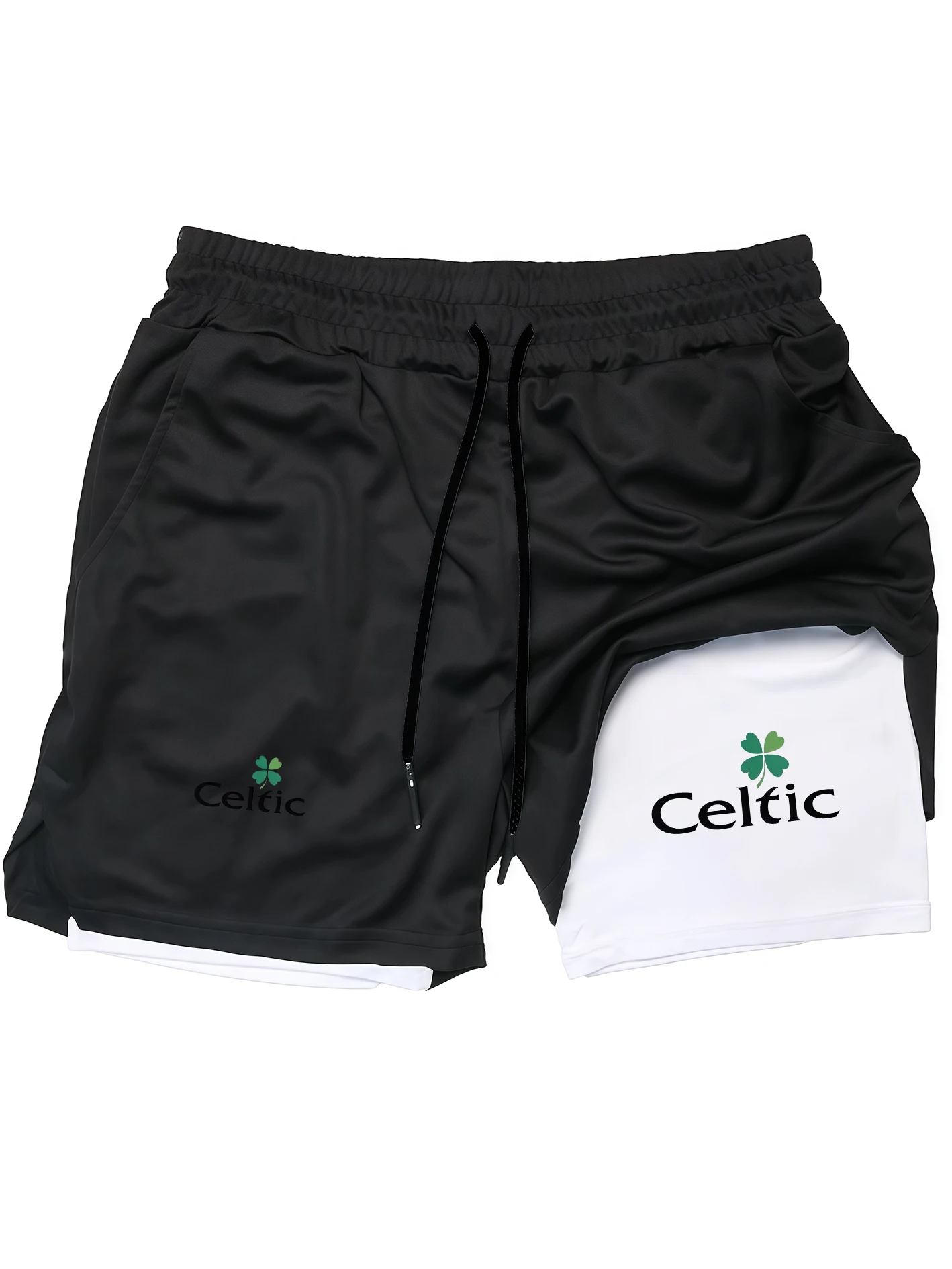 Men's Double Layer Training Shorts Quick Dry Breathable Sports Pants Running Gym Workout Celts Clover Logo Lightweight Activewe