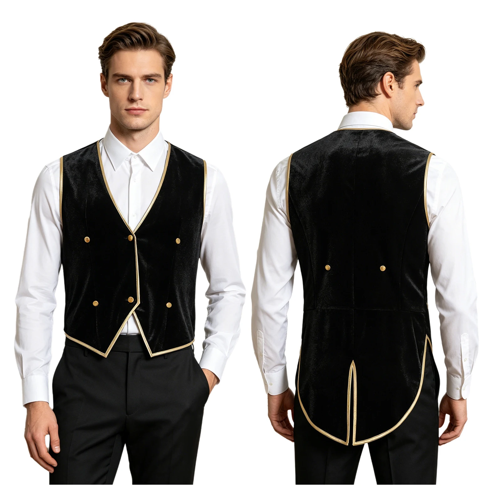 Mens Retro Medieval Velvet Tailcoat Sleeveless Vest with Metallic Shiny Trims V Neck Button-down Blazer for Roleplay Cosplay