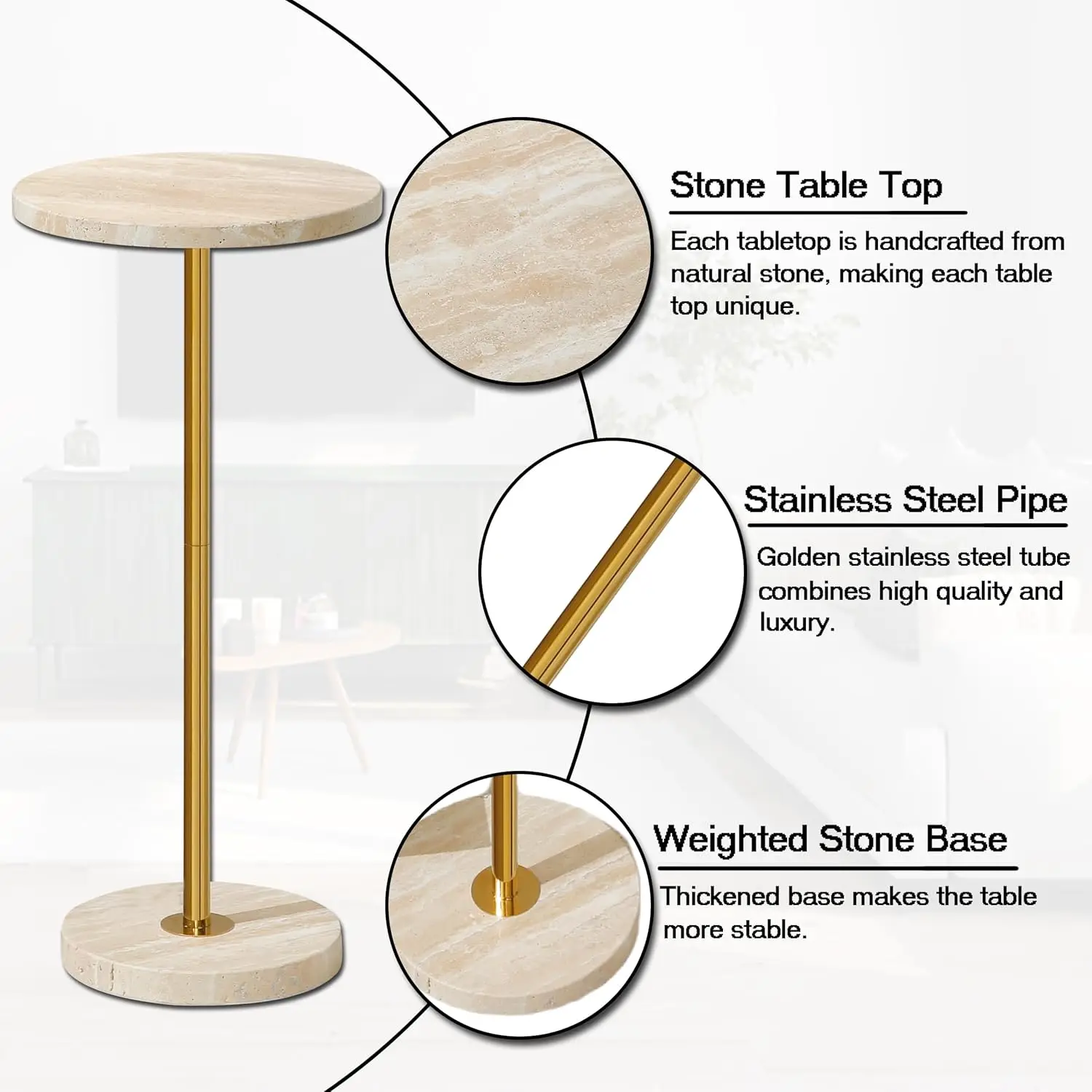 Round Drink Table, Stone Finish Top Pedestal End Table for Living Room, Weighted Base Accent Table, Small Side Table, Full Assem