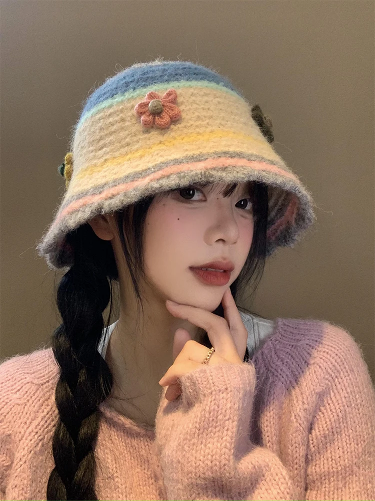 

Women Korean Handmade Bucket Hat Women Weaving Knitted Hat Y2k Fashion Flowers Autumn Winter Beanies Basin Cap 2024 R198