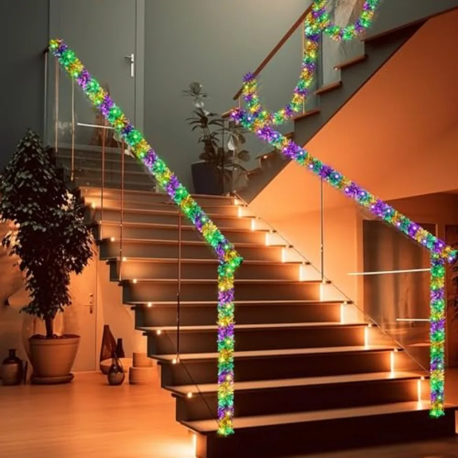 6 Pcs/39 Feet Mardi Gras Decoration Tinsel Garland with LED Light 6.5 Feet Each Mardi Gras Metallic Streamers Battery Operated
