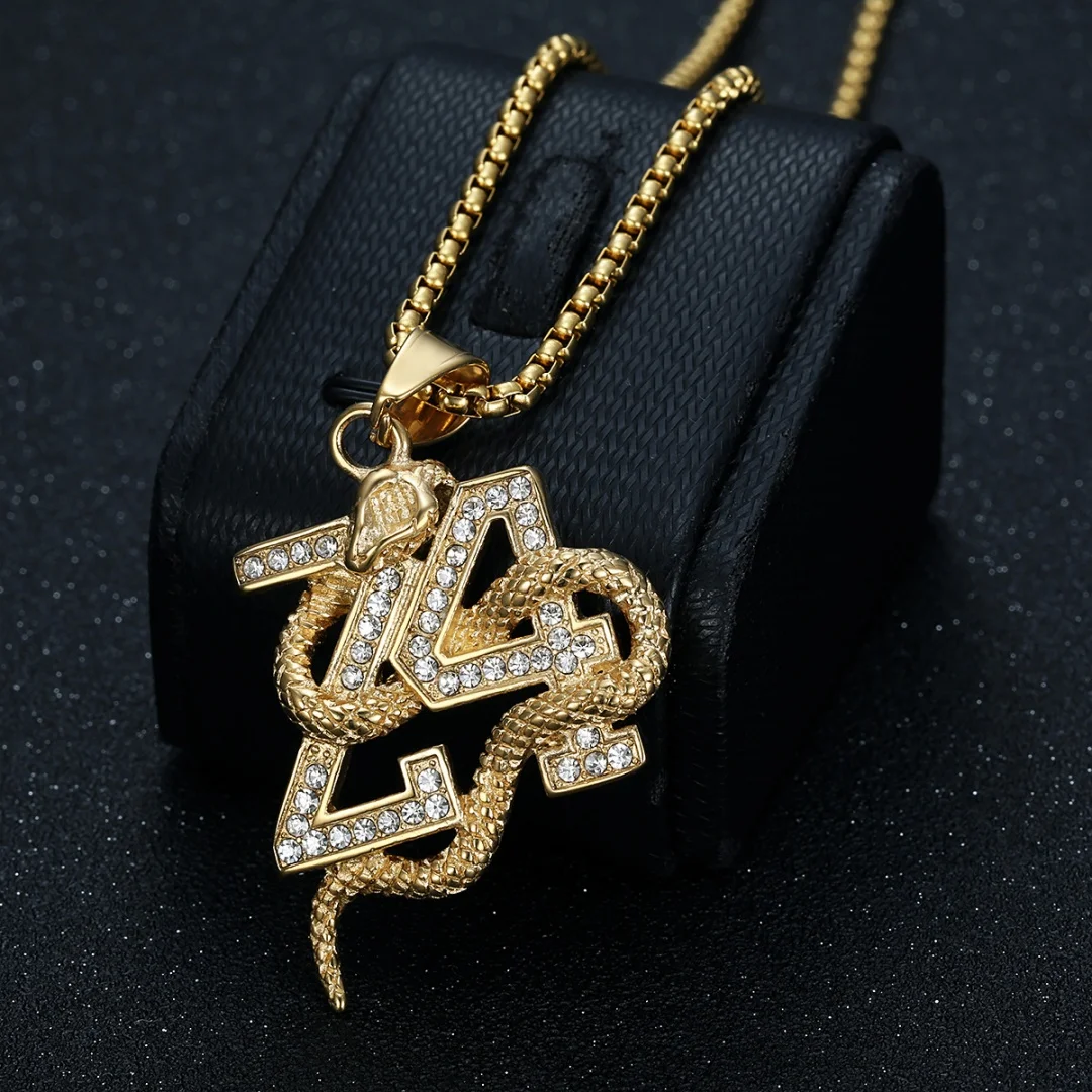 Punk 24 Digital mamba snake Iced Out Shiny CZ Pendant Men Gold Silver Color Stainless Steel Necklace for Women Trendy Jewelry